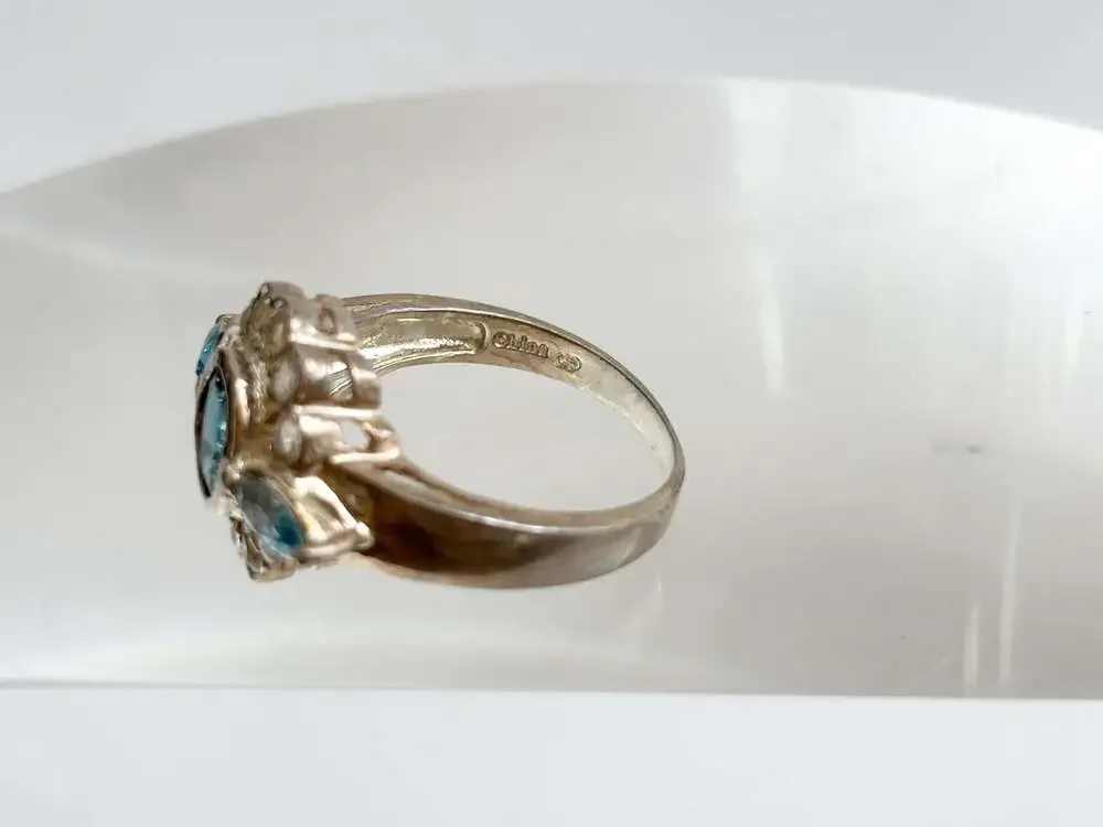 Clear & Blue Topaz Scalloped Multi Gemstone Sterling Silver 925 Vintage Ring - s